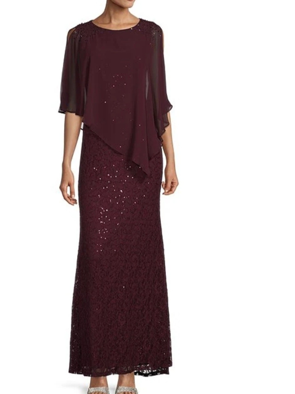 Elegant Burgundy Lace & Chiffon Evening Gown